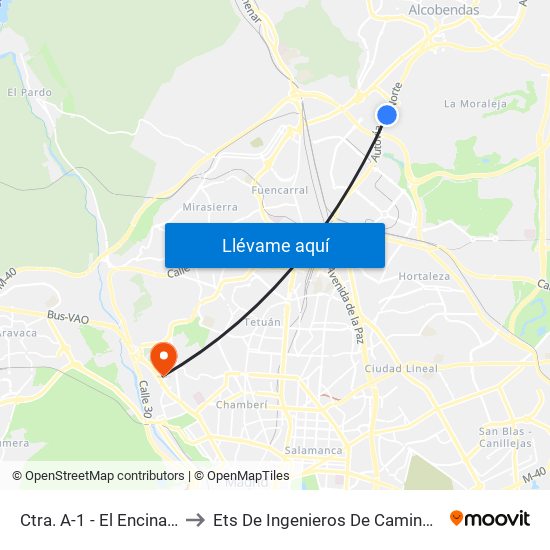 Ctra. A-1 - El Encinar De Los Reyes to Ets De Ingenieros De Caminos, Canales Y Puertos map