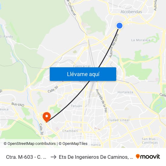 Ctra. M-603 - C. C. Río Norte to Ets De Ingenieros De Caminos, Canales Y Puertos map