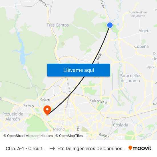 Ctra. A-1 - Circuito Del Jarama to Ets De Ingenieros De Caminos, Canales Y Puertos map