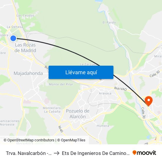 Trva. Navalcarbón - Polideportivo to Ets De Ingenieros De Caminos, Canales Y Puertos map