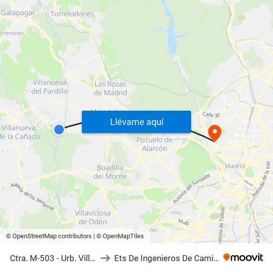 Ctra. M-503 - Urb. Villafranca Del Castillo to Ets De Ingenieros De Caminos, Canales Y Puertos map