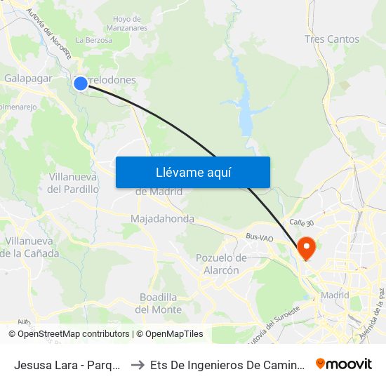 Jesusa Lara - Parque Pradogrande to Ets De Ingenieros De Caminos, Canales Y Puertos map