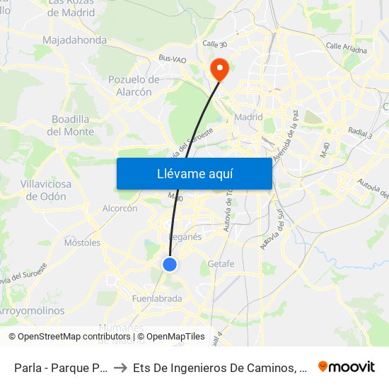Parla - Parque Polvoranca to Ets De Ingenieros De Caminos, Canales Y Puertos map
