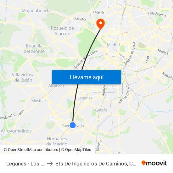 Leganés - Los Ángeles to Ets De Ingenieros De Caminos, Canales Y Puertos map