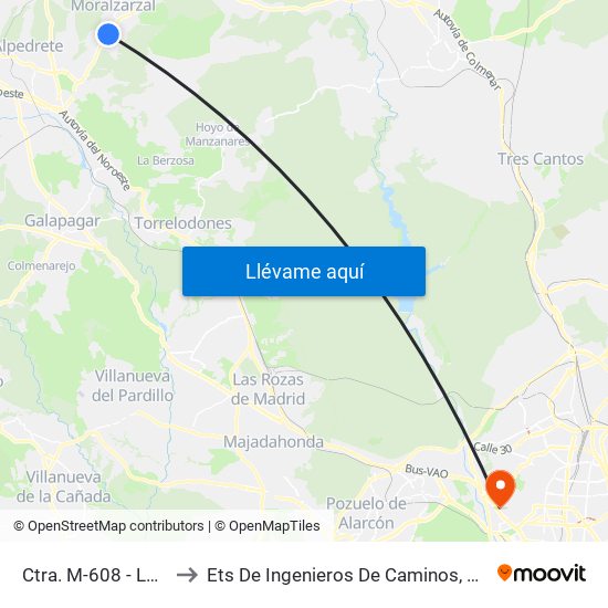 Ctra. M-608 - Los Chopos to Ets De Ingenieros De Caminos, Canales Y Puertos map