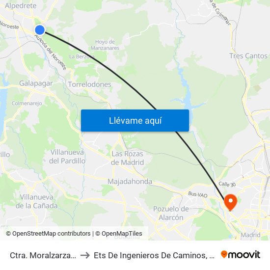 Ctra. Moralzarzal - El Roble to Ets De Ingenieros De Caminos, Canales Y Puertos map