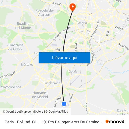 París - Pol. Ind. Ciudad De Parla to Ets De Ingenieros De Caminos, Canales Y Puertos map