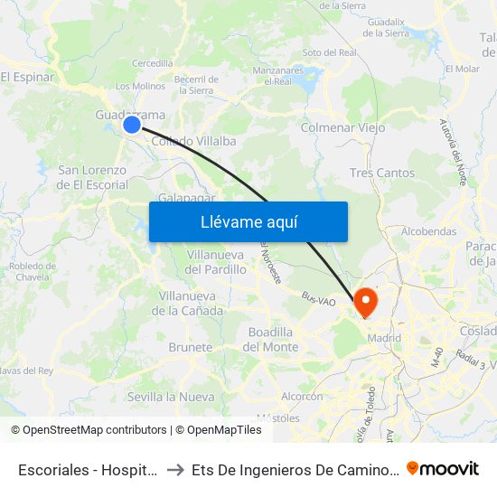 Escoriales - Hospital Guadarrama to Ets De Ingenieros De Caminos, Canales Y Puertos map