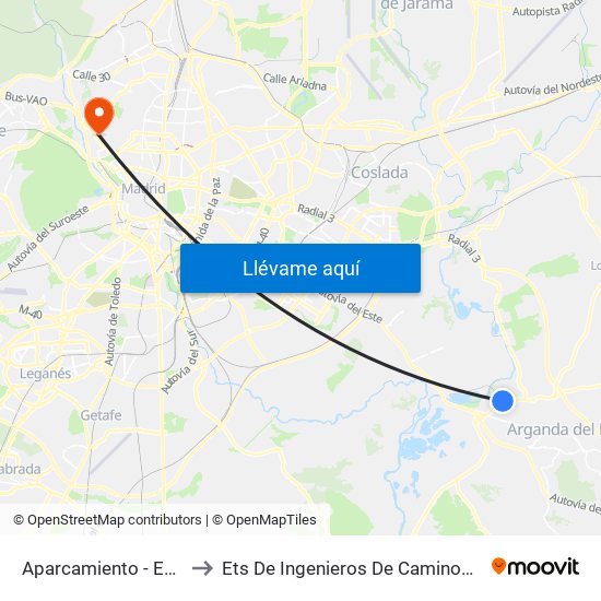 Aparcamiento - Est. La Poveda to Ets De Ingenieros De Caminos, Canales Y Puertos map