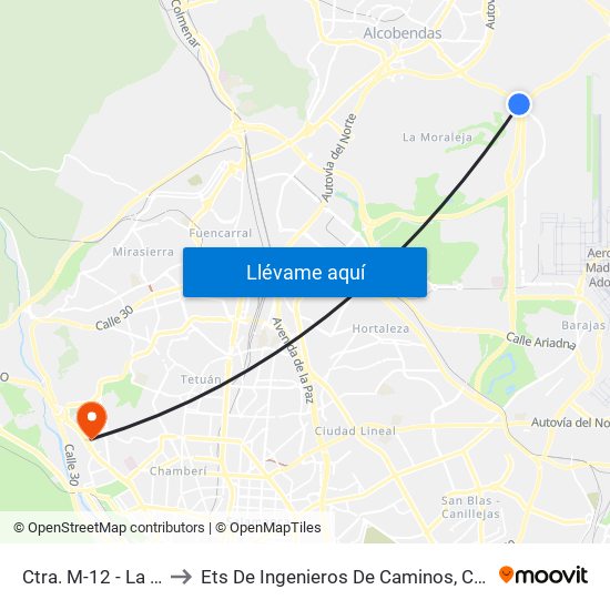 Ctra. M-12 - La Moraleja to Ets De Ingenieros De Caminos, Canales Y Puertos map