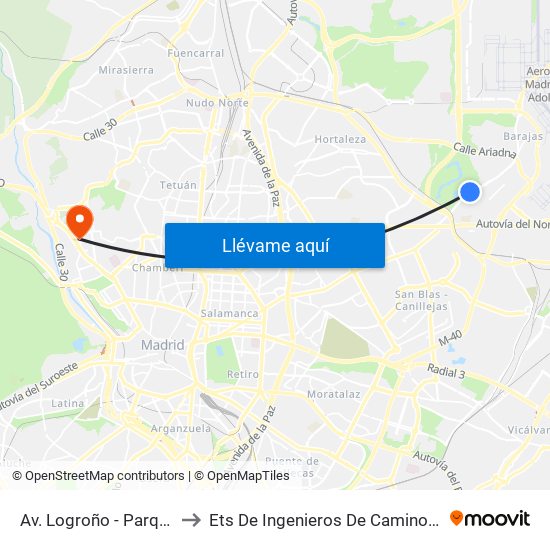 Av. Logroño - Parque El Capricho to Ets De Ingenieros De Caminos, Canales Y Puertos map