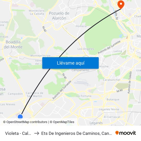 Violeta - Caléndula to Ets De Ingenieros De Caminos, Canales Y Puertos map