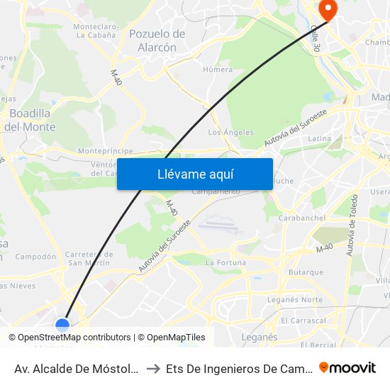 Av. Alcalde De Móstoles - Pintor Velázquez to Ets De Ingenieros De Caminos, Canales Y Puertos map