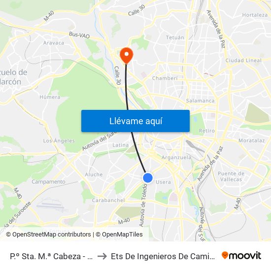 P.º Sta. M.ª Cabeza - Est. Plaza Elíptica to Ets De Ingenieros De Caminos, Canales Y Puertos map