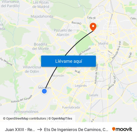 Juan XXIII - Residencia to Ets De Ingenieros De Caminos, Canales Y Puertos map