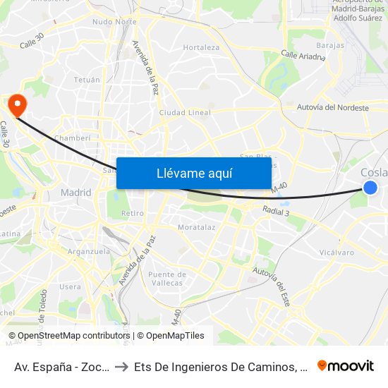Av. España - Zoco Coslada to Ets De Ingenieros De Caminos, Canales Y Puertos map
