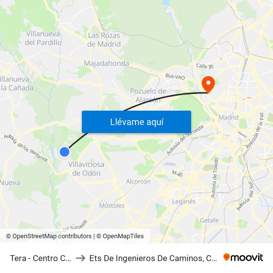 Tera - Centro Comercial to Ets De Ingenieros De Caminos, Canales Y Puertos map