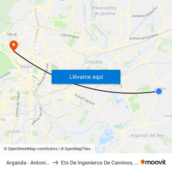Arganda - Antonio Machado to Ets De Ingenieros De Caminos, Canales Y Puertos map