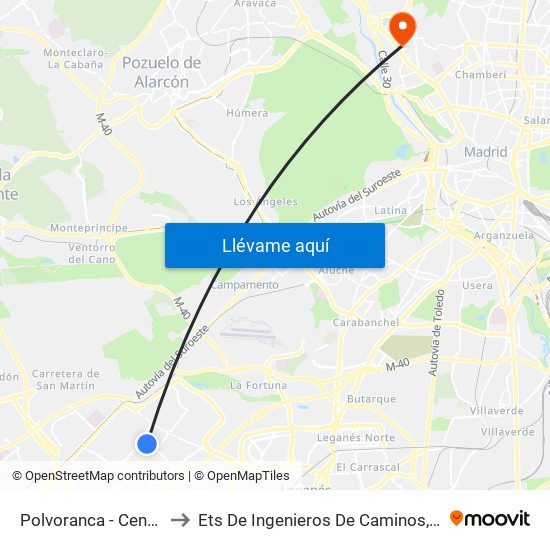 Polvoranca - Centro De Salud to Ets De Ingenieros De Caminos, Canales Y Puertos map