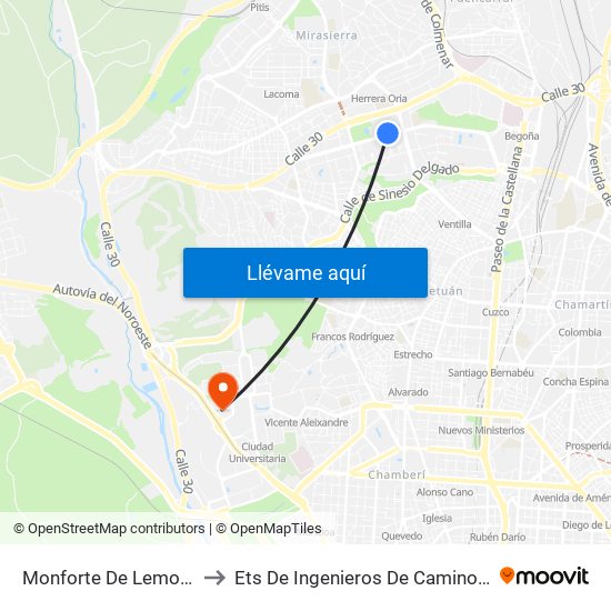 Monforte De Lemos - La Vaguada to Ets De Ingenieros De Caminos, Canales Y Puertos map