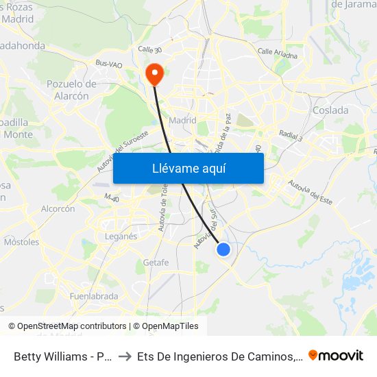 Betty Williams - Polideportivo to Ets De Ingenieros De Caminos, Canales Y Puertos map