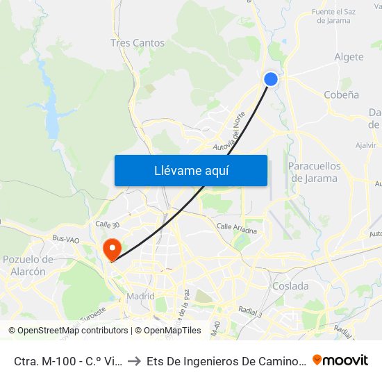Ctra. M-100 - C.º Viejo De Barajas to Ets De Ingenieros De Caminos, Canales Y Puertos map