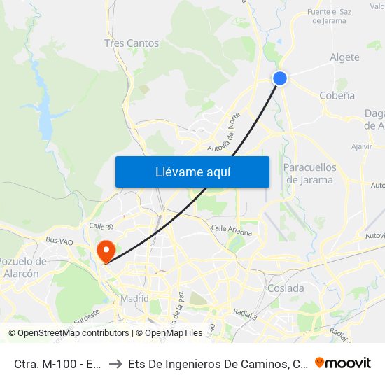 Ctra. M-100 - El Casetón to Ets De Ingenieros De Caminos, Canales Y Puertos map