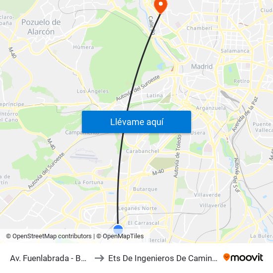 Av. Fuenlabrada - Batalla De Brunete to Ets De Ingenieros De Caminos, Canales Y Puertos map