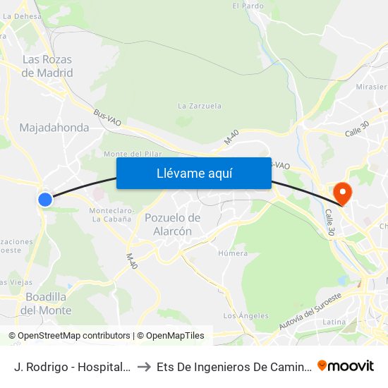 J. Rodrigo - Hospital Puerta De Hierro to Ets De Ingenieros De Caminos, Canales Y Puertos map