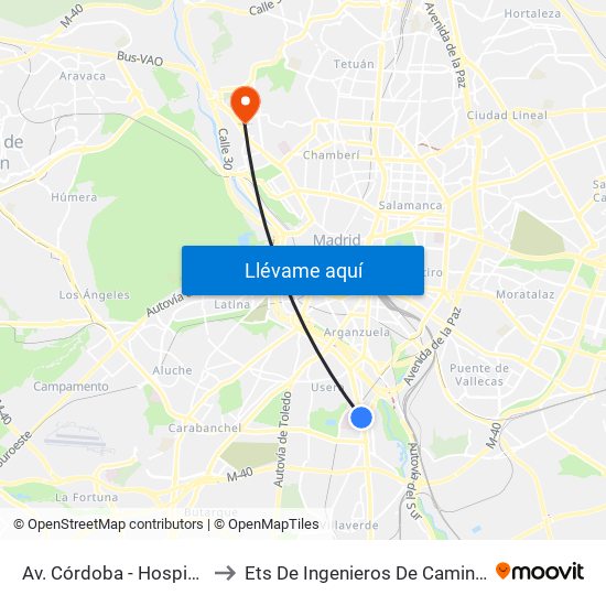 Av. Córdoba - Hospital 12 De Octubre to Ets De Ingenieros De Caminos, Canales Y Puertos map
