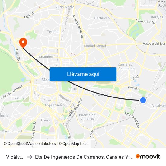 Vicálvaro to Ets De Ingenieros De Caminos, Canales Y Puertos map