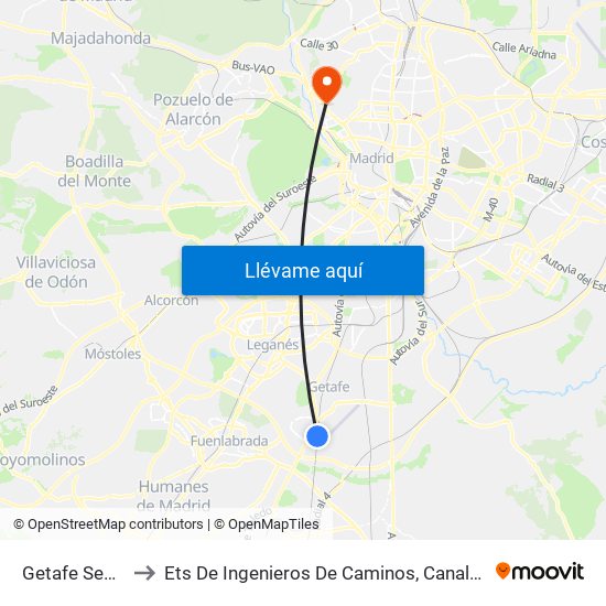 Getafe Sector 3 to Ets De Ingenieros De Caminos, Canales Y Puertos map