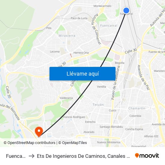 Fuencarral to Ets De Ingenieros De Caminos, Canales Y Puertos map