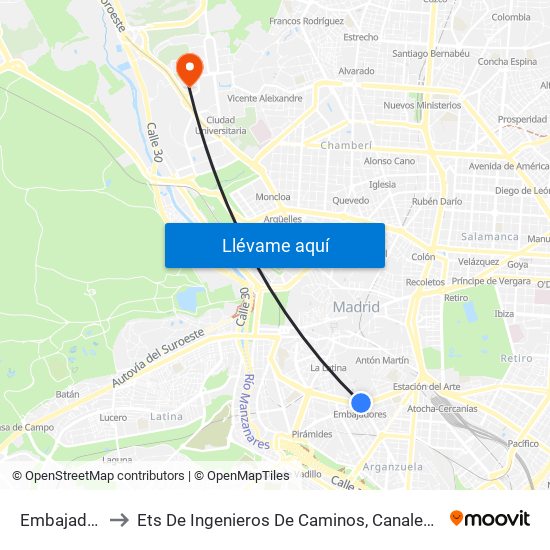 Embajadores to Ets De Ingenieros De Caminos, Canales Y Puertos map