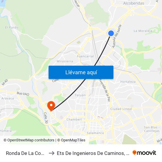 Ronda De La Comunicación to Ets De Ingenieros De Caminos, Canales Y Puertos map