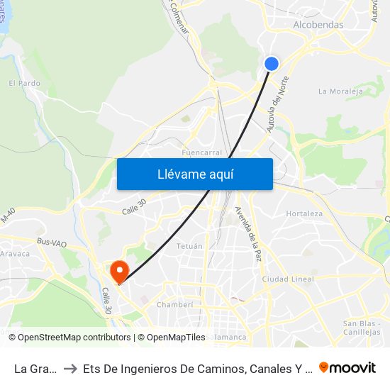 La Granja to Ets De Ingenieros De Caminos, Canales Y Puertos map