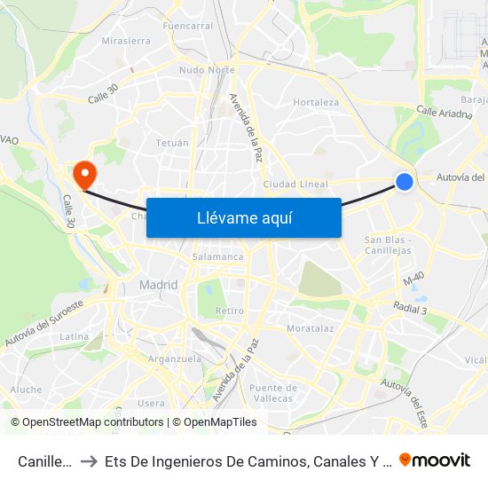 Canillejas to Ets De Ingenieros De Caminos, Canales Y Puertos map