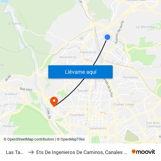 Las Tablas to Ets De Ingenieros De Caminos, Canales Y Puertos map