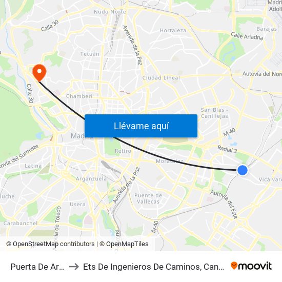 Puerta De Arganda to Ets De Ingenieros De Caminos, Canales Y Puertos map