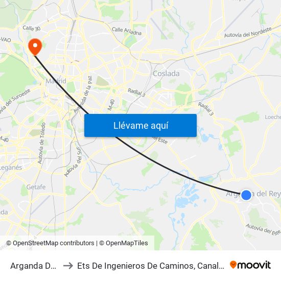 Arganda Del Rey to Ets De Ingenieros De Caminos, Canales Y Puertos map