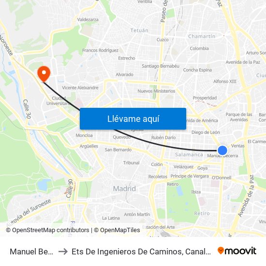 Manuel Becerra to Ets De Ingenieros De Caminos, Canales Y Puertos map