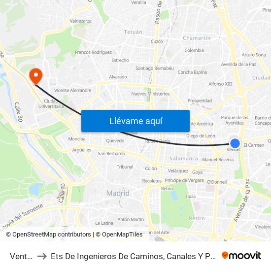Ventas to Ets De Ingenieros De Caminos, Canales Y Puertos map