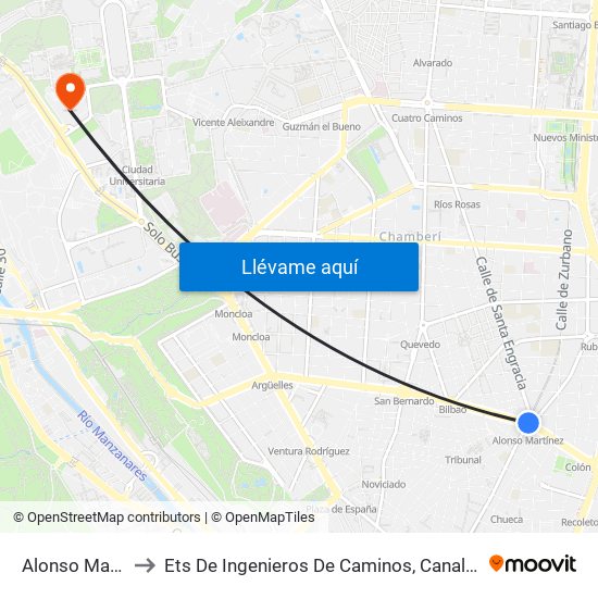 Alonso Martínez to Ets De Ingenieros De Caminos, Canales Y Puertos map