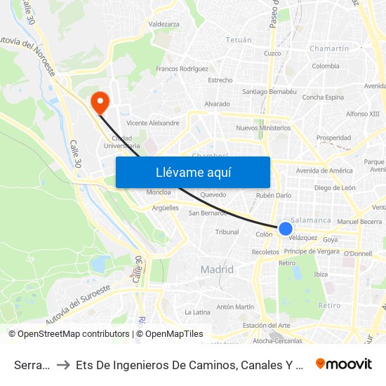 Serrano to Ets De Ingenieros De Caminos, Canales Y Puertos map