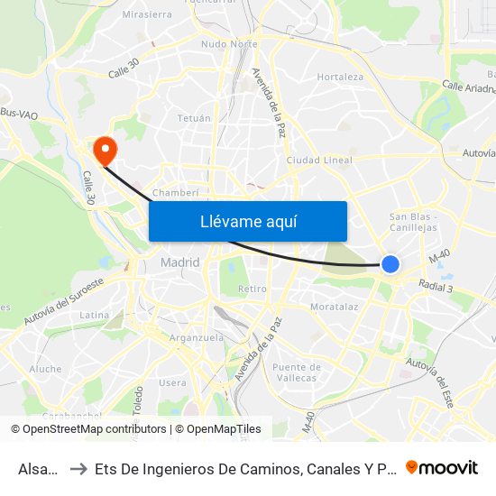 Alsacia to Ets De Ingenieros De Caminos, Canales Y Puertos map