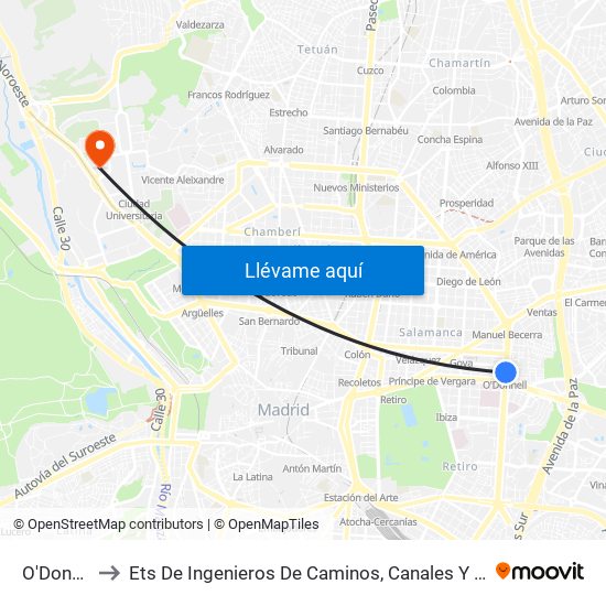 O'Donnell to Ets De Ingenieros De Caminos, Canales Y Puertos map