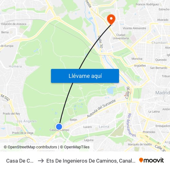 Casa De Campo to Ets De Ingenieros De Caminos, Canales Y Puertos map