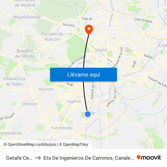 Getafe Central to Ets De Ingenieros De Caminos, Canales Y Puertos map