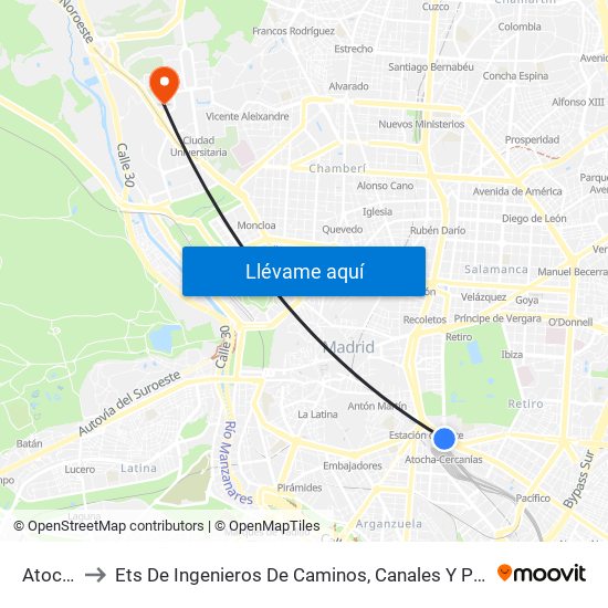 Atocha to Ets De Ingenieros De Caminos, Canales Y Puertos map
