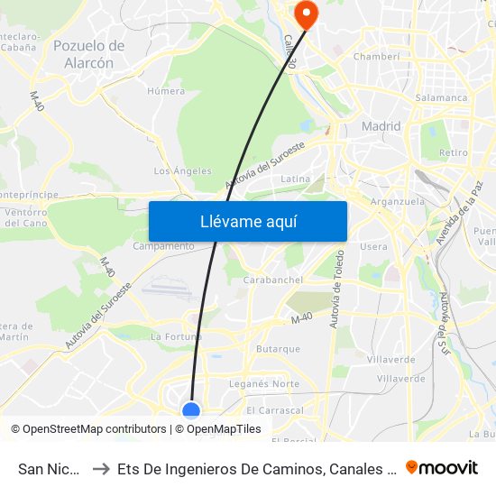 San Nicasio to Ets De Ingenieros De Caminos, Canales Y Puertos map